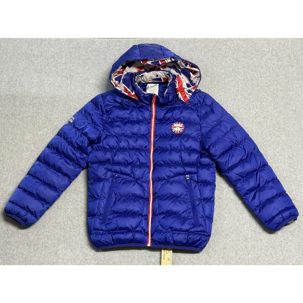 Naissi Jacket Boys 12-13 Blue Hooded Puffer Union Jack Flag Lining Zip Pockets